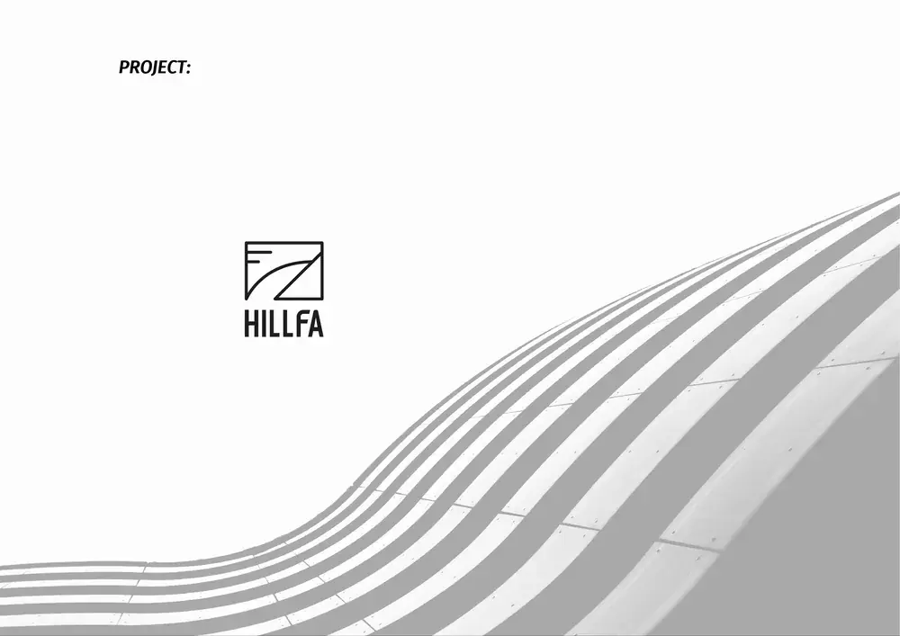 HILLFA-ს ლოგო მრუდე თეთრი არქიტექტურული ფასადის გვერდით