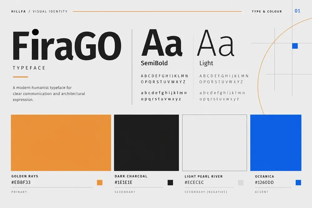 HILLFA-ს შრიფტი და ფერი: FiraGO SemiBold და Light, და პალიტრა Golden Rays, Dark Charcoal, Light Pearl River და Oceanica