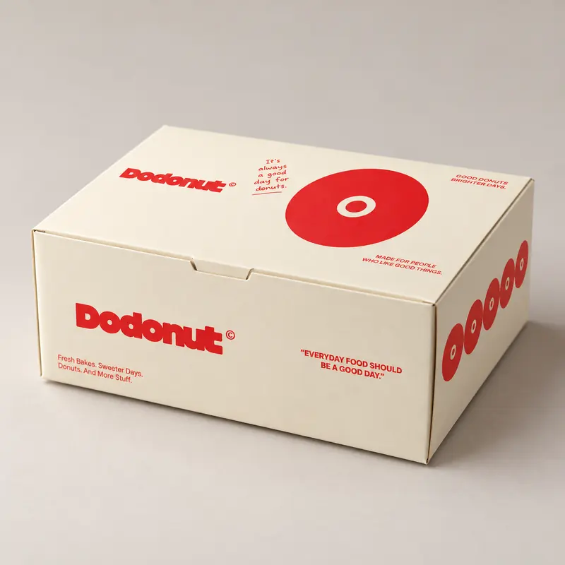 Dodonut-ის მზა ყუთი: კრემისფერი, წითელი დონატის ნიშნითა და წარწერით